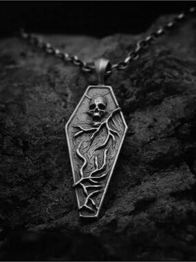 Silver Coffin Pendant Necklace with Skull and Vine Detail - Women's Jewelry